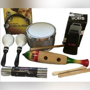 MUSICAL INSTRUMENT BUNDLE DIXON DRUM COW BELL TAMBOURINE MARACAS SHAKER GUIRO